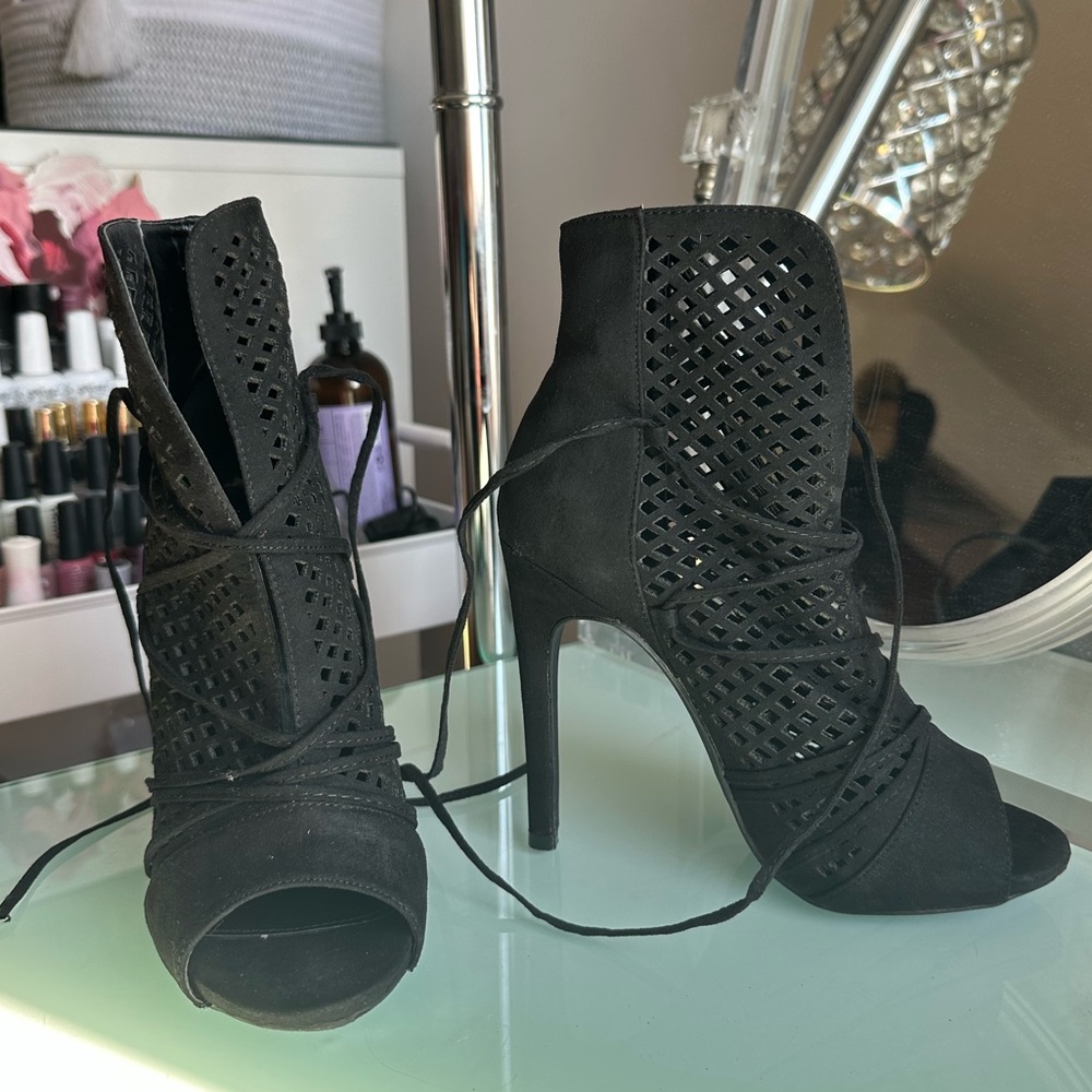 Black mesh lace up peep toe heel booties
